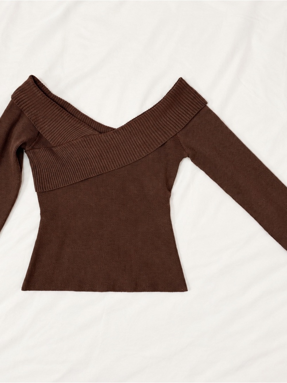 Princess Polly Chocolate Brown Off-the-Shoulder Ribbed Sweater